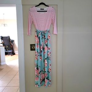 MEROKEETY Casual Striped 3/4 Sleeve Dresses Floral Long Maxi Dress with Pockets